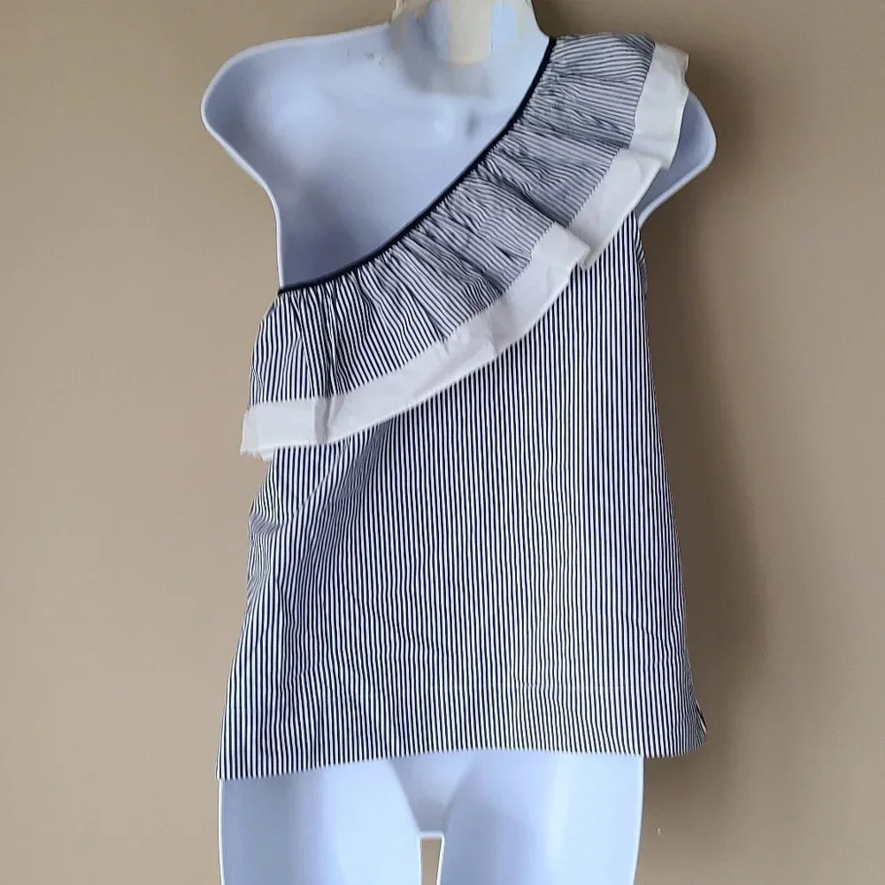 NWT J.Crew size 2 women's top ruffle one shoulder blue & white